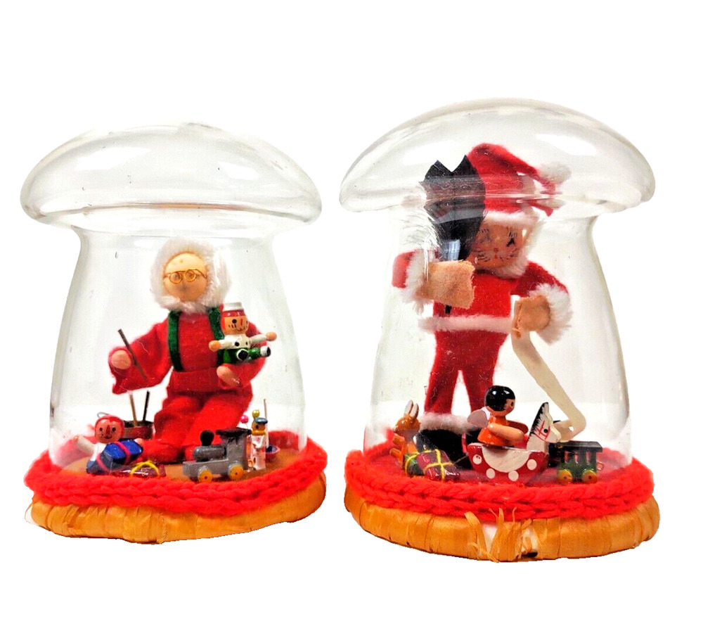 Caffco Christmas Santa Elf Diorama Under Mushroom Glass Terrarium VTG Set Of 2
